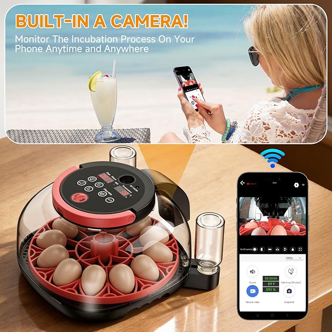 12 Egg Incubator with Camera, Humidity and Temperature Control, APP, Egg Candler, Automatic Egg Turner, 360° Clear View, Smart Incubators for Hatching Eggs, Chicken, Duck, Pigeon and Quail