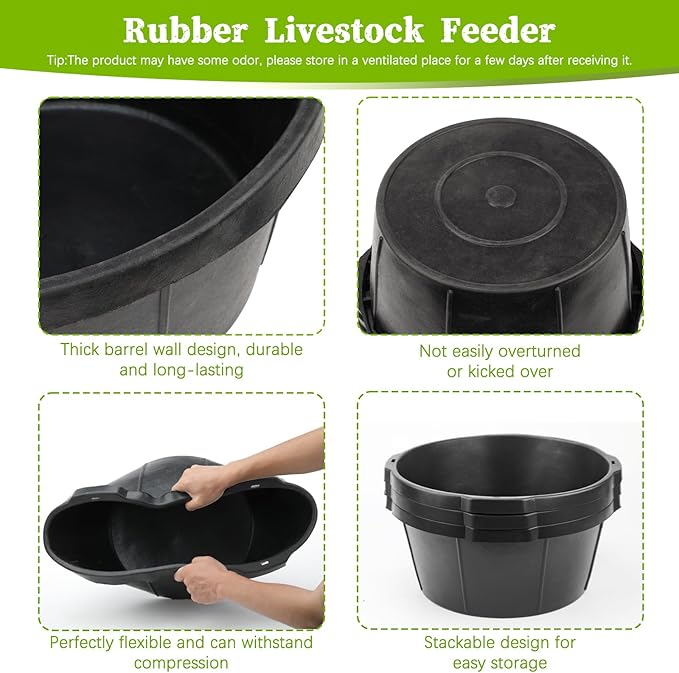 3Pcs Heavy Duty Rubber Feed Pan, 26 Quart/ 6.5 Gallon Rubber Tub Horse Feed Bucket, Durable Livestock Feeder Pan Dog Bowl Chicken Dust Bath Tub for Dogs Pig Goat Chicken Duck Farm Animal Feeding