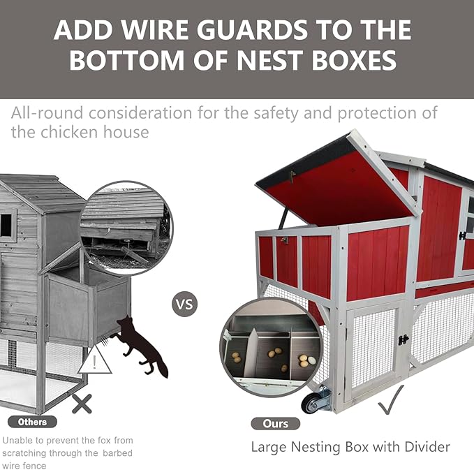 Chicken Coop Mobile Wooden Hen House with Nesting Box,191" L Outdoor Chicken House with Wheels and Removable Tray,Fir Wood Chicken Tractor with 6 Ventilation Door,Ramp,Red(2 Sets)