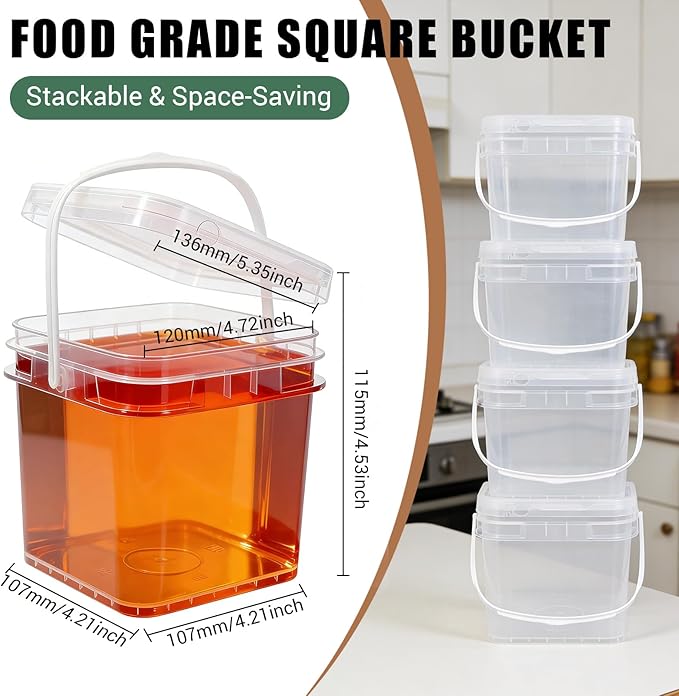 Food Storage Buckets with Lids - 4 Set Square Clear Plastic Containers, Airtight Pressure Seal & Handle for Kitchen Freezer Prep (Clear, 34 oz)