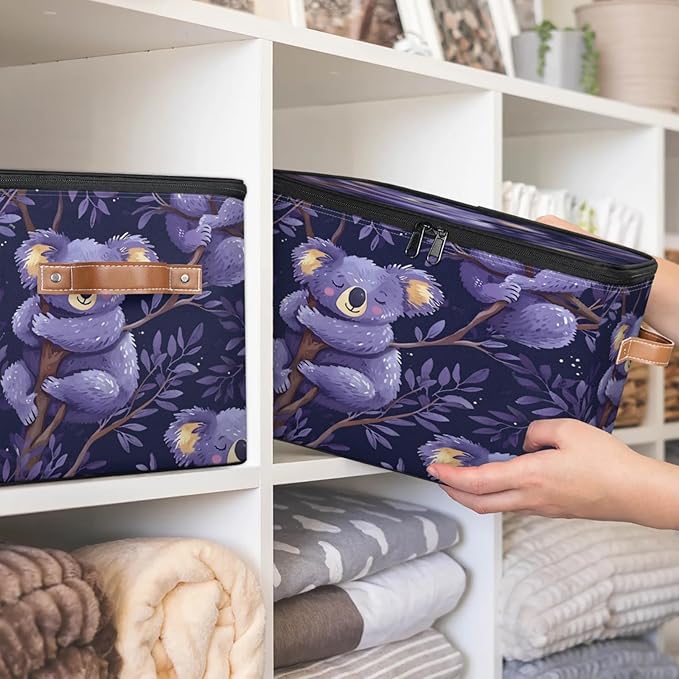 Storage Cubes with Lid Fabric Storage Bins Boxes PU Leather Handles, Cute Koalas Closet Organizer Container Foldable Washable Shelf Cloth Basket, Cartoon Koala