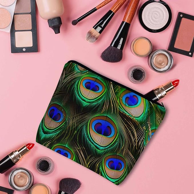 Peacock Feather Cosmetic Travel Bag For Toiletries, Tropical Peacock Feathers Makeup Bag Toiletry Bags For Women, Flax Cosmetic Bags Make Up Bag Purse Toiletries Bag, Green Turquoise
