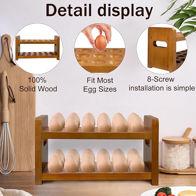 Egg Holder Countertop, Wooden Egg Holder for Fresh Eggs, Farmhouse Kitchen Egg Tray Rack Holds 36, Firewood Egg Storage with Carry Handle for Easter Eggs, Duck, and Quail Eggs (1Set)
