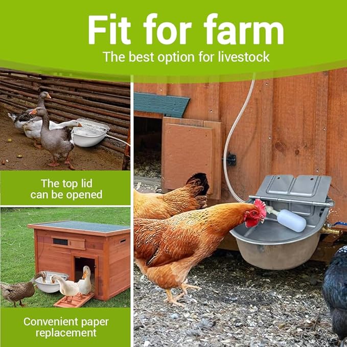 Chicken Water Feeder,304 Stainless Steel Metal Poultry Water with 2 Float Valves and Drainage Hole,Water Dispenser for Chickens,Ducks,Poultry