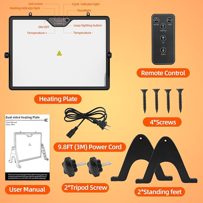 Brooder Plate for Chicks with Remote Control, Double-Sided Chick Heat Plate, Night Light, 4 Timer Modes, LED Light, Adjustable Angle & Temp Display, 180W for Chicks/Ducks/Cats/Dogs (Black)