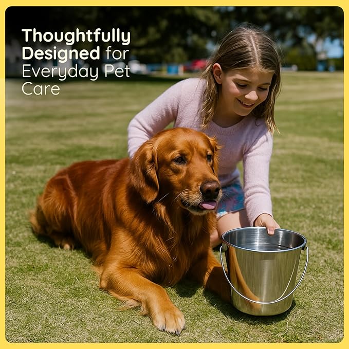 9 quart Heavy Duty Stainless Steel Round Bucket with Handle | 2.25 gal Sturdy Food & Water Bowl for XL Dog Goat sheep Horse & Livestock | Fits kennel Crate Farm | Hanging Utility Pet Pail