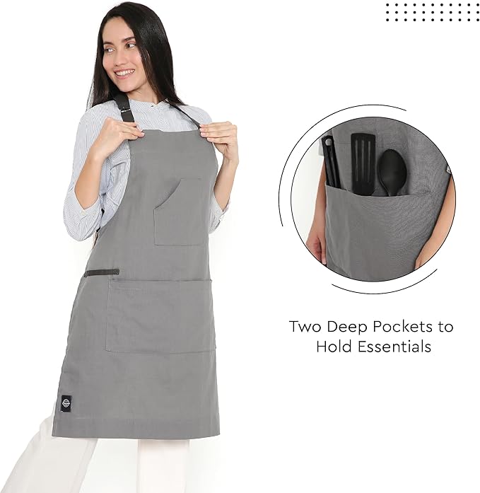 Encasa XO Adjustable Kitchen Cotton Apron With Pockets & Towel Holder Of Size 27x33 in (Grey) for Men & Women Chefs For Cooking & Baking in Home, Restaurants & Barbeque