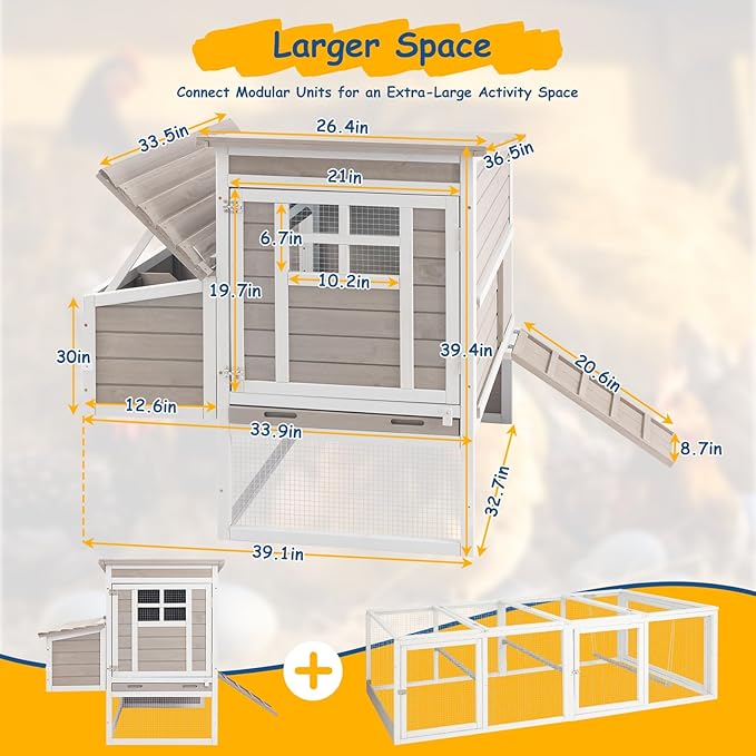 Outdoor Chicken Coop for 2–4 Chickens, Elevated 2-Tier Hen House with 3-Compartment Nesting Box, Slide-Out Tray, Reinforced L-Shaped Frame, Expandable Run Connection, Backyard Poultry Coop