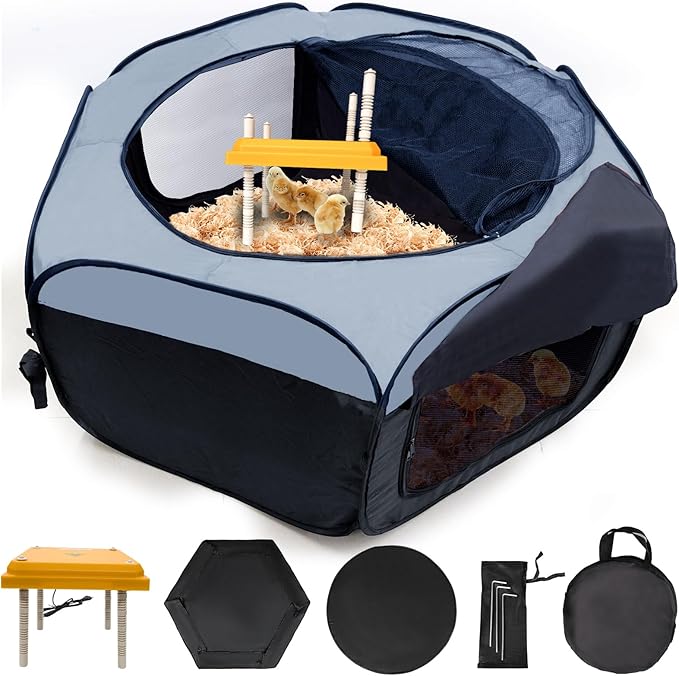 Brooder Box for Chick Starter Kit, Baby Chicken Brooder Pen/Playpen/Tent Pop-Up, Perch Up to 17 Chicks, Kit with Adjustable Heating Plate, Storage Bag, Top Cover, Fixed Pegs, Waterproof Mat, Blue