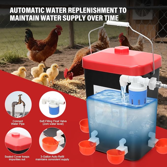 3 Gallon & 26lbs Automatic Chicken Feeder and Waterer Set, Hanging No-Waste Poultry Feeder with 4 Nipple Drinkers, Chicken Coop Supplies for Hens Feeding Equipment for Backyard Farm