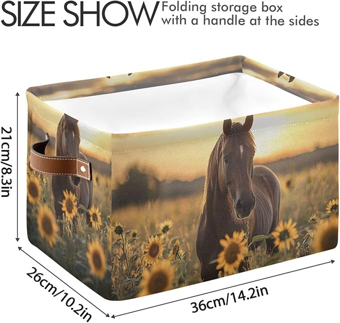 JIPONI Horse Sunflower Fabric Storage Bins for Shelves, Decorative Storage baskets for organizing, Closet Organizer with Handle for Cloth, Toys