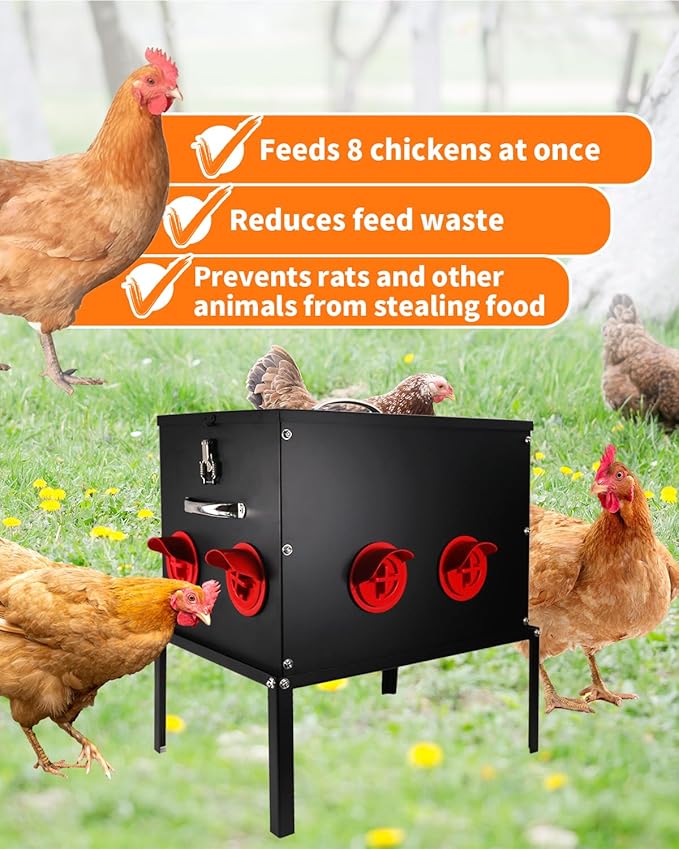 Automatic Chicken Feeder –50 lbs 8 Feeding Ports,Large Metal Chicken Feeders - No Waste Poultry Feeder with Locking Lid and Legs for Inside Coops