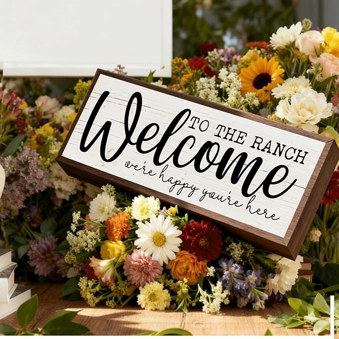 Farmhouse Wood Signs, Framed Wooden Block Sign, Western Home Decor, Wall Decoration for Barn Farm Cottage, Cowboy Decor Signs, Welcome to the Ranch Sign 9.5x3.1x1 inches