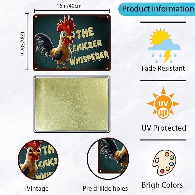 Vintage The Chicken Whisperer Metal Sign Fun Chicken Tin Sign Farm Chicken Coop Metal Poster Home Kitchen Farmhourse Coffee Bathroom Art Wall Decor 12x16 Inch