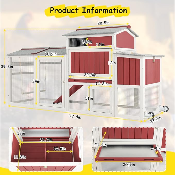 Mobile Wooden Chicken Coop for 2–4 Chickens – Outdoor Hen House with Wheels, Waterproof Asphalt Roof, Nesting Box & Easy Clean Slide-Out Tray (Red, 77.4" L x 23.2" W x 39.2" H)
