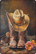 Cowboy Boots and Hat Art Rustic Western Framed - 8 x 12 inches Vintage Metal Sign