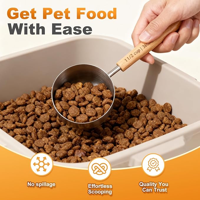 1PCS 2Cup(480ml | 16oz) Dog Cat Food Scoop, 18/8(304) Stainless Steel Measuring Cup with Wooden Handle, Etched Measurements Inside, BPA Free Portion Control for Pets & Kitchen Use