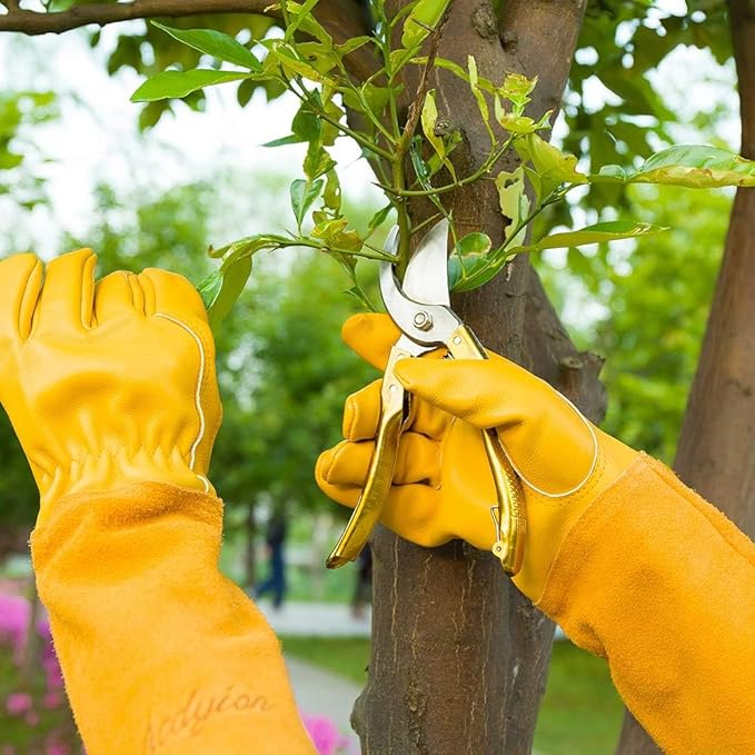Acdyion Thorn Proof Gardening Gloves for Men & Women, Long Cowhide Leather Rose Pruning Gloves with Forearm Protection, Puncture Resistant Gauntlets for Cacti, Blackberries & Yard Work(yellow,Small)