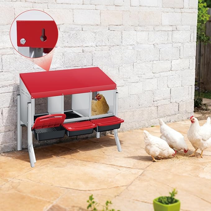3/4-Hole Metal Chicken Nesting Box with Removable Roll-Out Tray - Easy Egg Collection & Clean Galvanized Steel Laying Box for Hens - for Backyard Coop & Poultry Farm Use