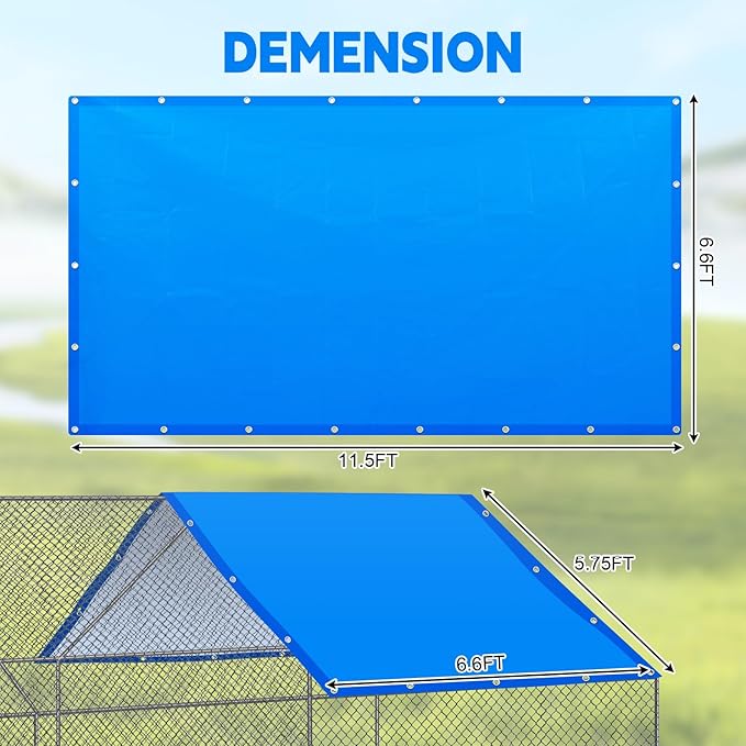 VitalCozy 2 Pcs Chicken Coop Cover Waterproof 11.5 x 6.6 ft Chicken Run Cover Coop Tarp Accessories for Winter with 50 Pcs Ball Bungees Cords for Outdoor (Blue)