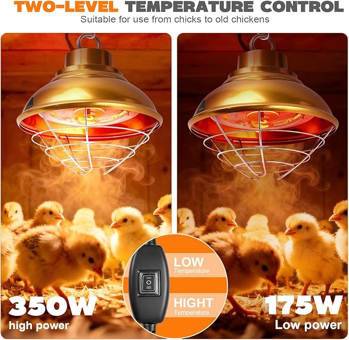 Chicken Heat Lamp 350W,Chicken Coop Heater with Carbon Fiber Bulb,Winter Hanging Heat Lamp for Chickens Brooder,Two-Temperature Adjustable (175/350W) for Puppy,Kitten and Poultry