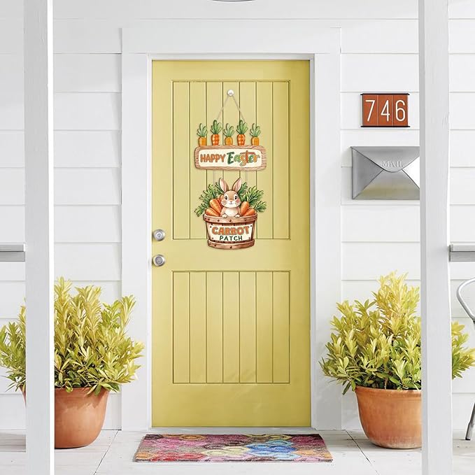 CHDITB Easter Bunny Wooden Door Hanger, Happy Easter Carrot Patch Wood Sign, Rustic Farmhouse Spring Wall Decor, Cute Rabbit Hanging Decoration, Holiday Front Porch Signs for Home Easter Party