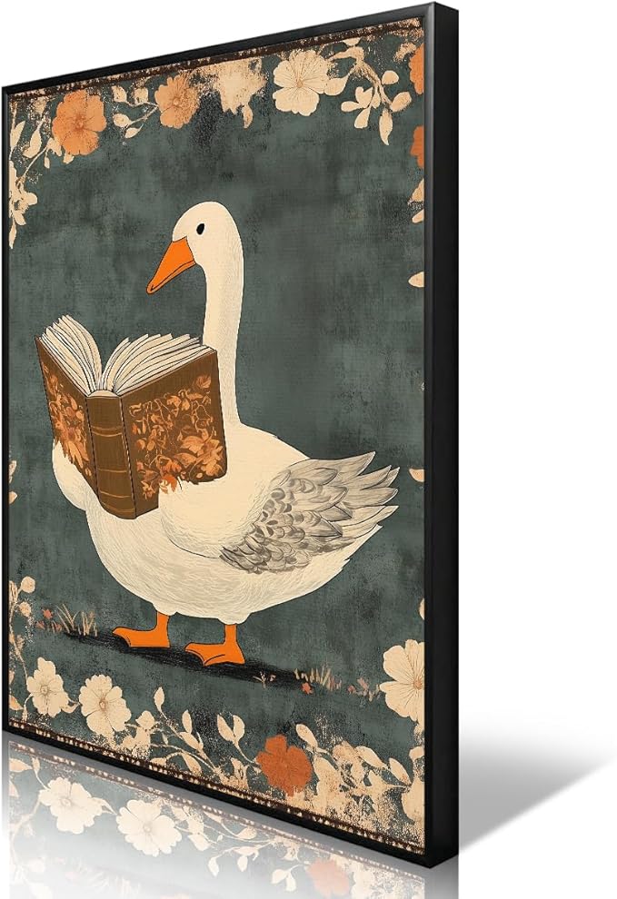 Nursery Animal Canvas Wall Art, Whimsical Goose Reading A Book Poster, Cozy Folk Art Print, Countryside Animal and Botanical Flowers Wall Painting for Kids Reading Corner 8x12in Wrapped Canvas
