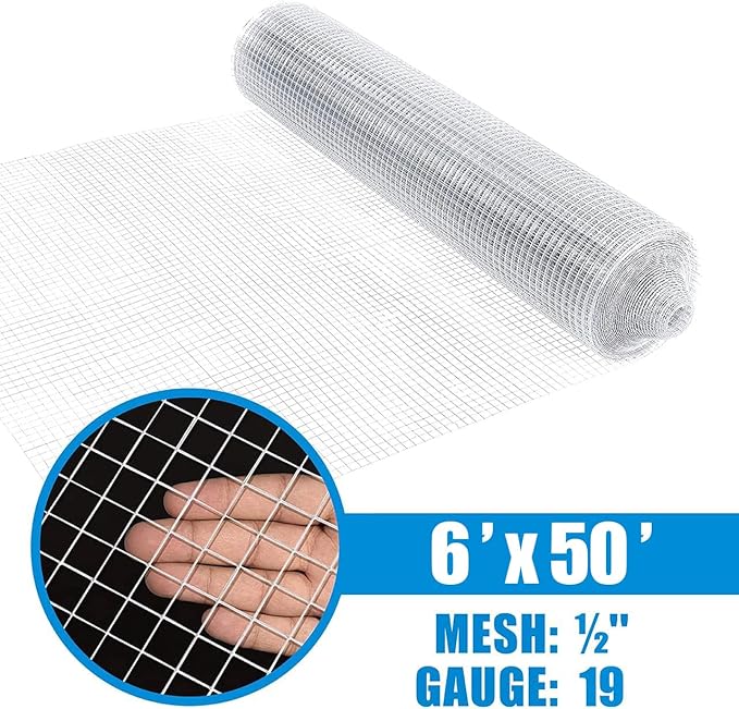 Fencer Wire 19 Gauge Hardware Cloth Metal Wire Mesh 1/2" x 1/2", Galvanized Welded Cage Wire Poultry Netting Square Chicken Snake Fencing Gopher Fence (6 ft. x 50 ft.)