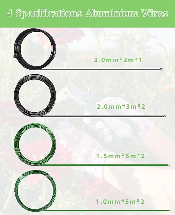 Bonsai Wire Kit 8Pcs, 7 Roll Aluminum Training Wire Coils with Cutter Set -1/1.5/2.0/3.0mm Multiple Sizes Bonsai Accessories for Bonsai Trees Branch Control Plant Shaping
