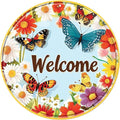 Round Metal Tin Sign Wreath Spring Flowers Butterflies Daisy Welcome Vintage Farmhouse Wall Decor for Front Door Porch Garden Home Outdoor 12x12inch