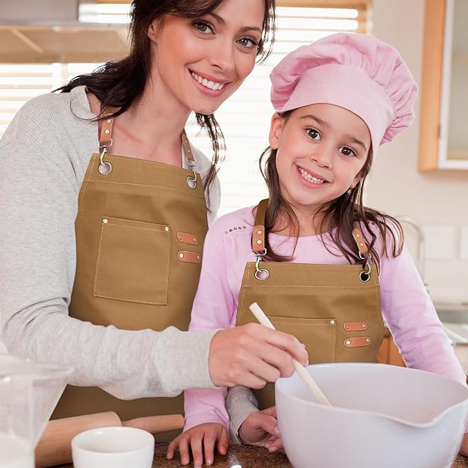 Unisex Aprons with Large Pockets,Cotton Canvas Cross Back Heavy Duty Adjustable Work Apron,Size Kids to Adult