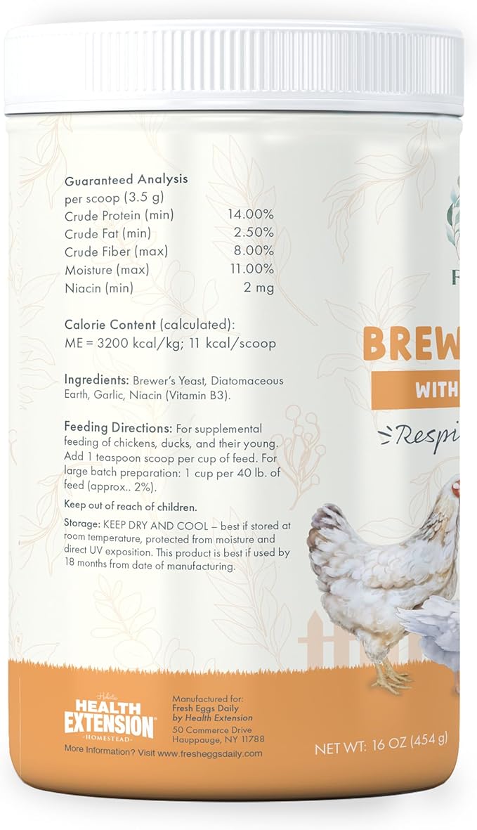 Fresh Eggs Daily Brewers Yeast Powder with Garlic & Niacin for Chicken & Duck Backyard Flocks - Suitable for Young Chicks & Ducklings - Supports Healthy Bone Development, Digestion & Immunity - 1lb