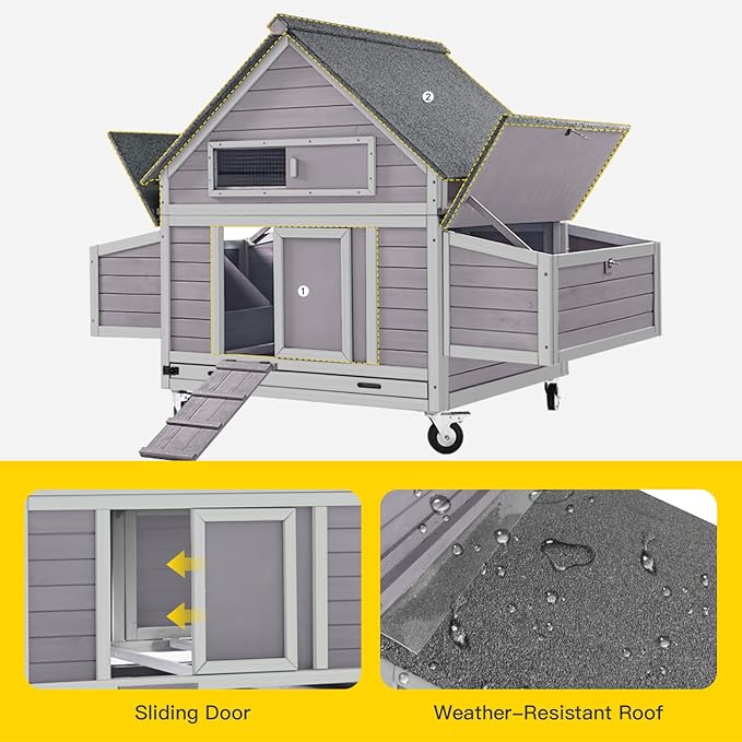 Aivituvin Chicken Coop with Wheels Large Poultry House with Two Nesting Boxes Outdoor Wooden Hen cage