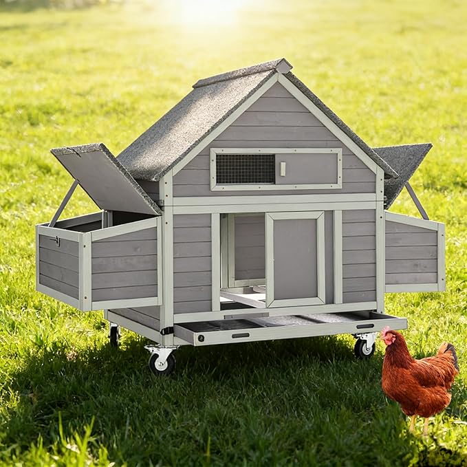 GUTINNEEN Large Mobile Chicken Coop with Heavy-Duty Wheels, Extra-Large Nesting Boxes, Lockable Metal Pull-Out Tray, Weather-Resistant Roof, Spacious Outdoor Poultry Cage, Ideal for 3–6 Chickens