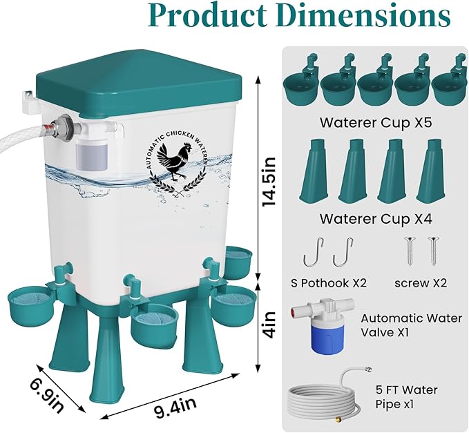 Chicken Waterer, 3 Gallons Automatic Chicken Waterers with 5ft Pipe, Float Controlled Automatic Poultry Water Feeder, 5 Chicken Waterer Cups (Blue, 3 Gallons)