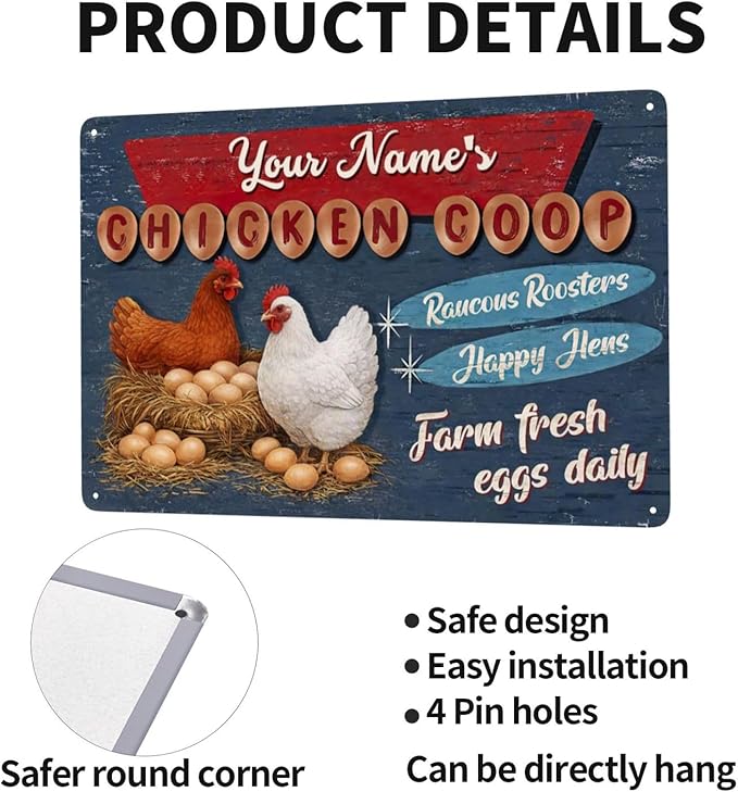 Custom Name Chicken Coop Sign Farm Fresh Eggs Daily Raucous Roosters Happy Hens Retro Tin Metal Plaque Country Farmhouse Wall Decor For Backyard Poultry Lovers