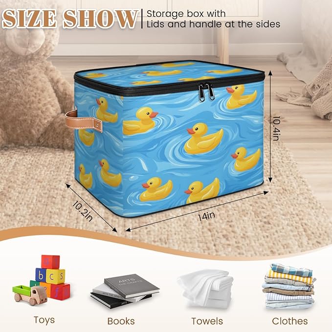 Cartoon Duck Storage Bins with Zipper Lid, Rubber Duck Lidded Storage Baskets Boxes Foldable Organizer with Leather Handles for Clothes Closet Shelf