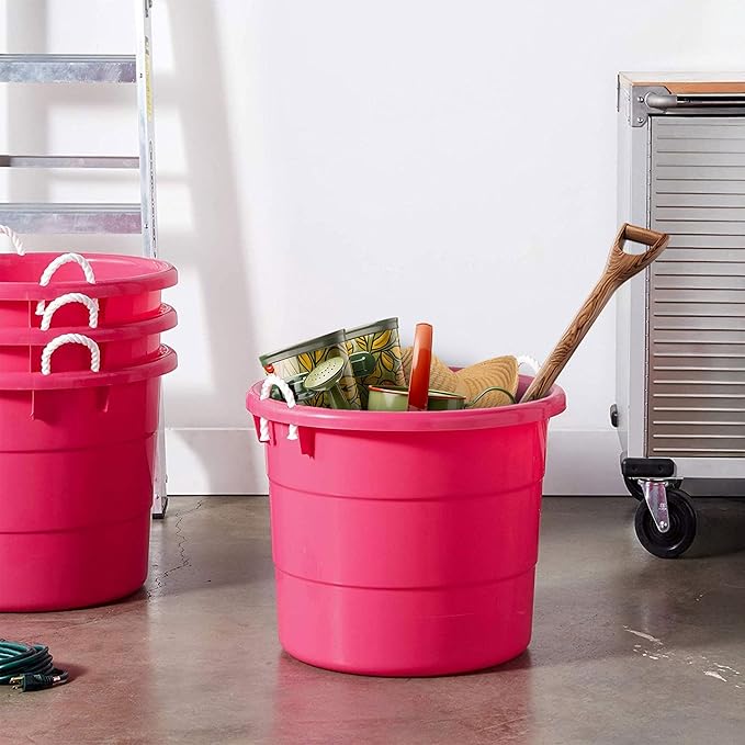 HOMZ 2-Pack Utility Tub, Large Plastic Storage Bucket with Rope Handles, 18 Gallon, Pink - Portable Indoor and Outdoor Buckets for Kitchen, Laundry, Garden, Bathroom, and Garage Organization