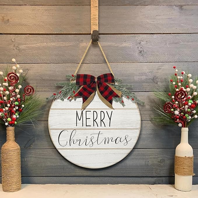 Bunny Chrous Christmas Door Sign: Rustic White Merry Christmas Wreaths for Front Door Wall Porch Home Office School, 12" Farmhouse Classic Elegant Door Decor, Vintage Door Decorations Indoor Outdoor