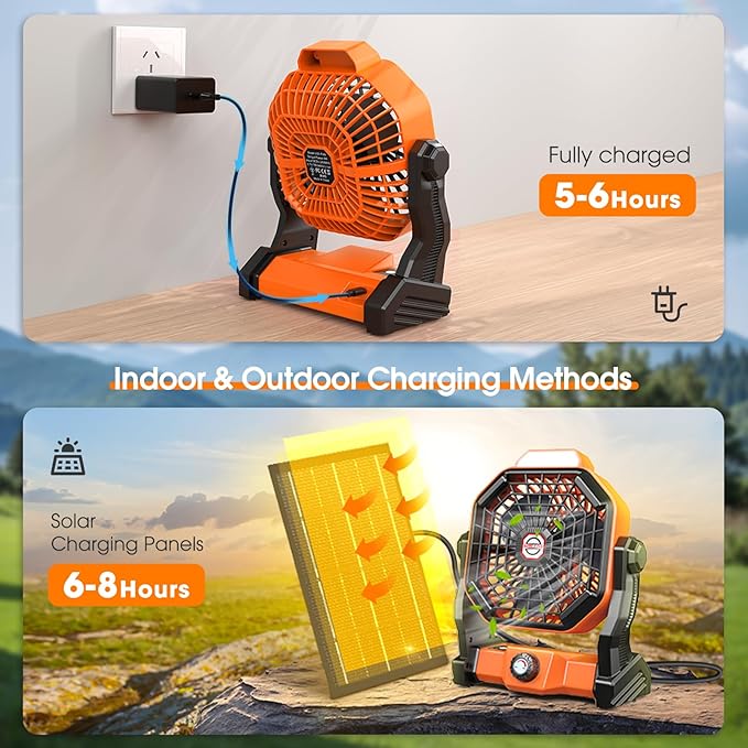 Rechargeable Solar Powered Fan, [Max 40H Runtime] Solar Camping Fans & Led Lantern,8-inch Portable Fan with Solar Panel,Battery Operated Powered Outdoor Tent Fans for Camping Essentials Accessories