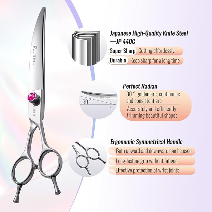 Curved Dog Grooming Scissors 7.5 inch Professional Curved Shears Dog Grooming for Poodle Large Dogs Pet 30 Degree Japanese 440C Right Handed Super Sharp Purple Diamond(7.5,Curved)