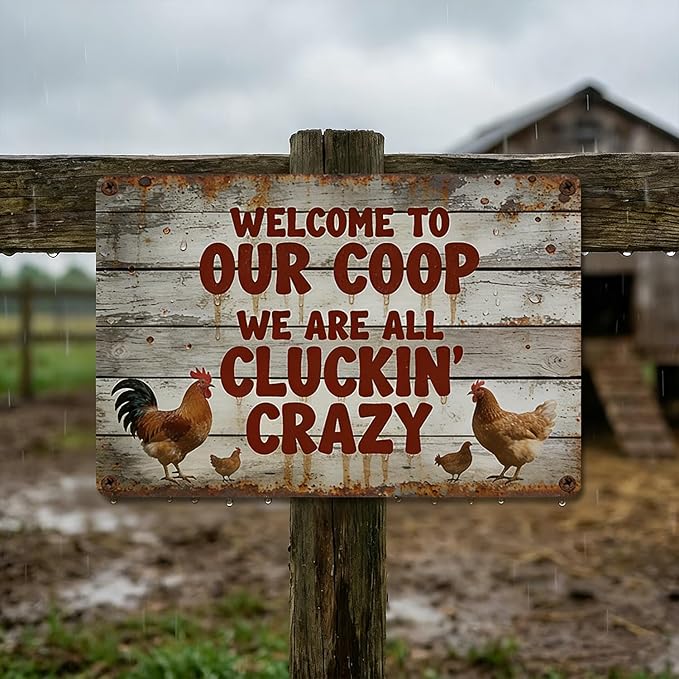 Funny Chicken Metal Sign Outdoor, Aluminum Farmhouse Wall Decor for Coop Door or Yard Area, Fluffy Humor Country Living Style, Rustic 8x12 Inch Gift