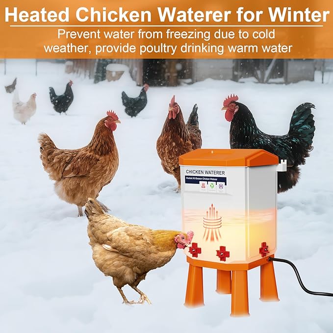 3-Gallon Heated Chicken Waterer for Winter, Chicken Water Heater with 4 No-Freeze Nipples, Easy-Fill Winter Hanging Chicken Waterer, Clean & Heated Chicken Water for Chickens, Birds