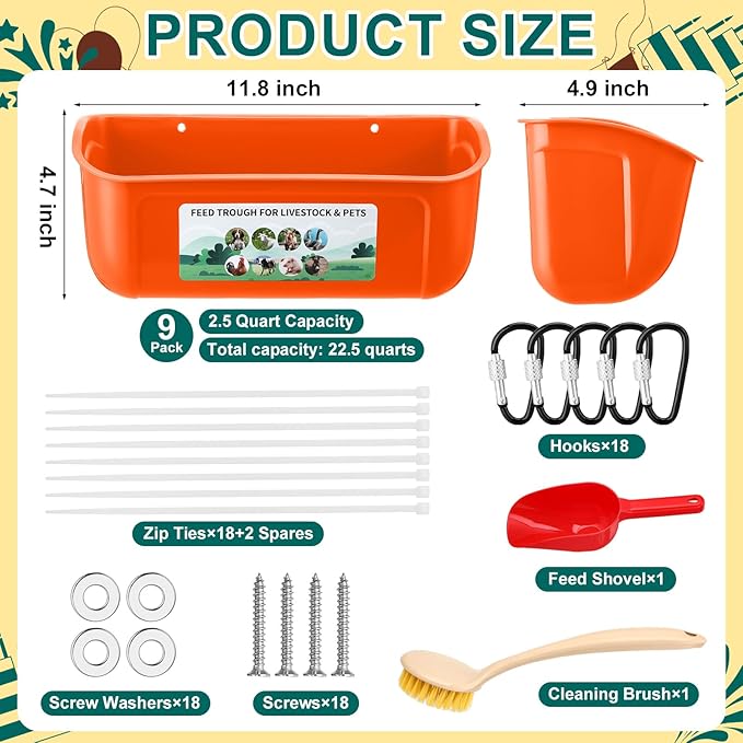 9 Pack Chicken Duck Feeder Waterer Hanging Goat Feeder Trough 2.5 Quart Livestock Feeding Trough with Scoop & Brush for Pig, Poultry, Fence Feeding, 22.5 Quart Total (White, Orange, Black)