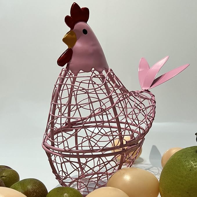 Wire Chicken Egg Basket for Desktop Decorative Ornaments,Egg Holder Chicken Shape Metal Egg Basket for Kids Gathering Fresh Eggs Farmhouse Rooster Wire Basket for Kitchen Countertop Decoration (Pink)