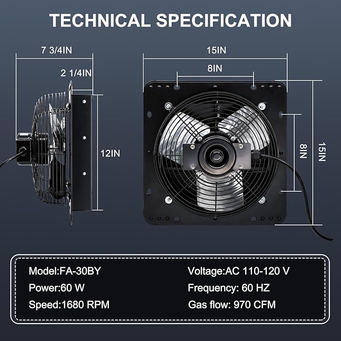 Criditpid 12 Inch Pure Copper Shutter Exhaust Fan, Black Through Wall Ventilation Exhaust Fan with ON/OFF Switch for Gable, Home, Shed, Garage, Basement, Kitchen, Attic Ventilation, 970CFM, 1680RPM.
