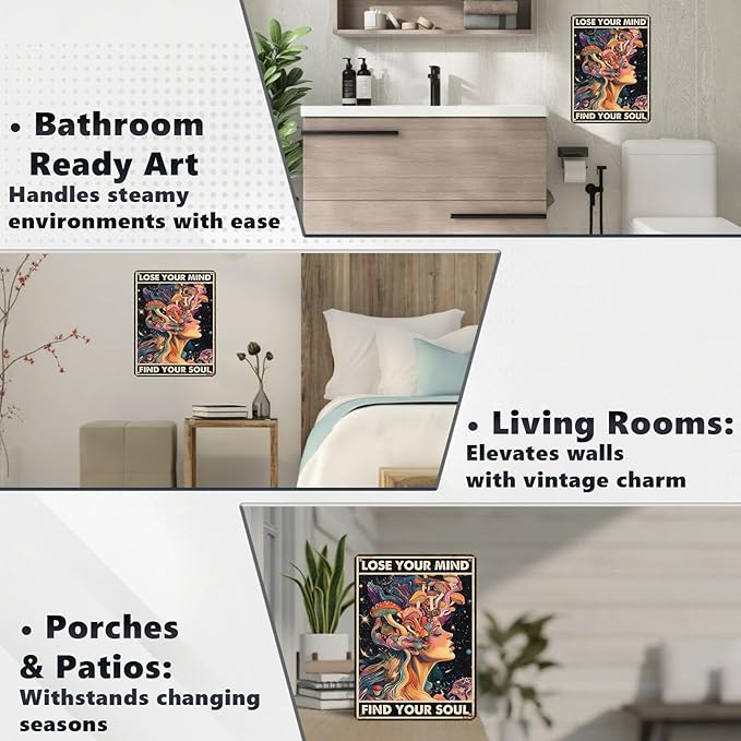 Vintage Mushroom Tin Sign Lose Your Mind Find Your Soul Retro Metal Poster Funny Wall Art Cafe Office Wall Decorations for Home Bar Pub Club Shop Man cave Kitchen Yard Toilet 16 * 12 In