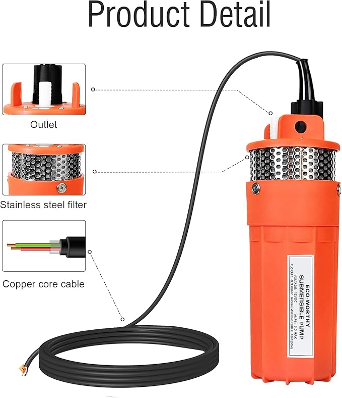 ECO-WORTHY 24V Submersible Deep Well Water Pump with 10ft Cable 1.6GPM 4'' 5A, Max Lift 230ft/70m, DC Pump/Alternative Energy Solar Battery Farm & Ranch Submersible Deep Well Pump