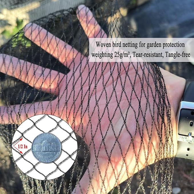 Junflying Bird Netting, 15x15 FT – 1/2" Mesh, Woven Garden Netting Against Birds, Deer, Rabbits, Small Animals, Mesh Net Roof Cover for Bed, Vegetables, Fruit Tree, Blueberry Bush & Strawberry Plant