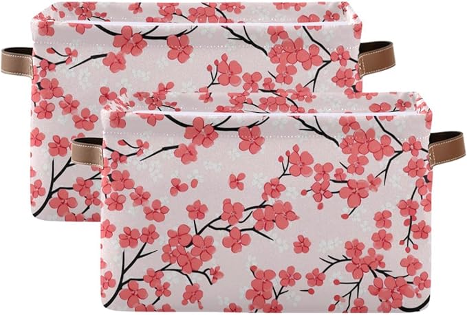 JIPONI Cherry Blossoming Fabric Storage Bins for Shelves, Decorative Storage baskets for organizing, Closet Organizer with Handle for Cloth, Toys, Bedrooms, Farmhouse